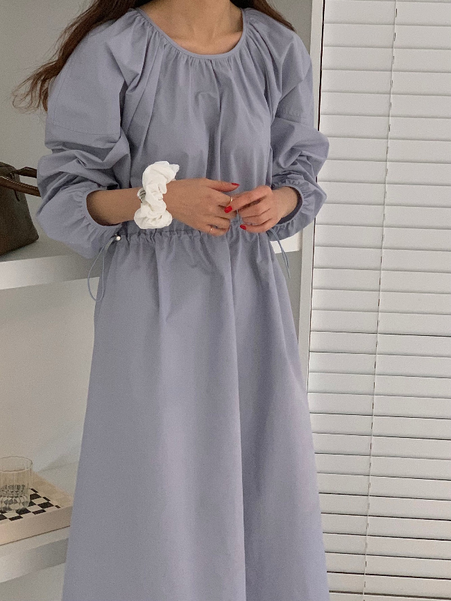 비브 봄 가을 여성 하객룩 코튼 플레어 로우 허리 스트링 A라인 롱 원피스(5color) 이미지 3