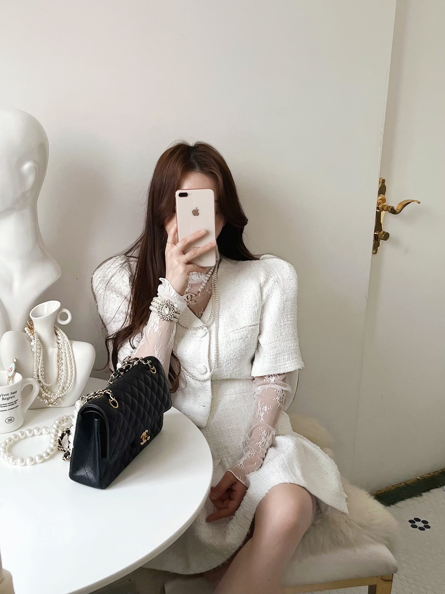 포에버 트위드 셋업 3piece SET (크롭재킷&스커트&레이스탑/시스루,자수,셔링,퍼프) [비비아레이디]