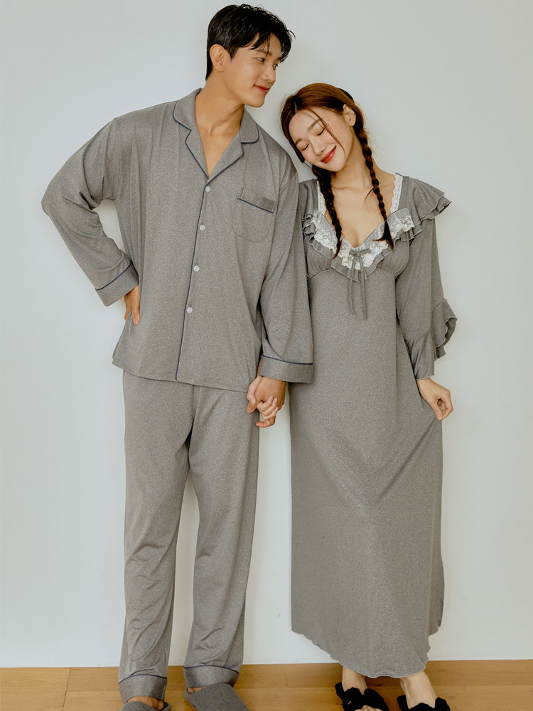 커플 카치온 긴팔 스판 카라 슬리브리스 민소매 브라캡 내장 맥시 롱 잠옷 홈웨어 SET 이미지 2