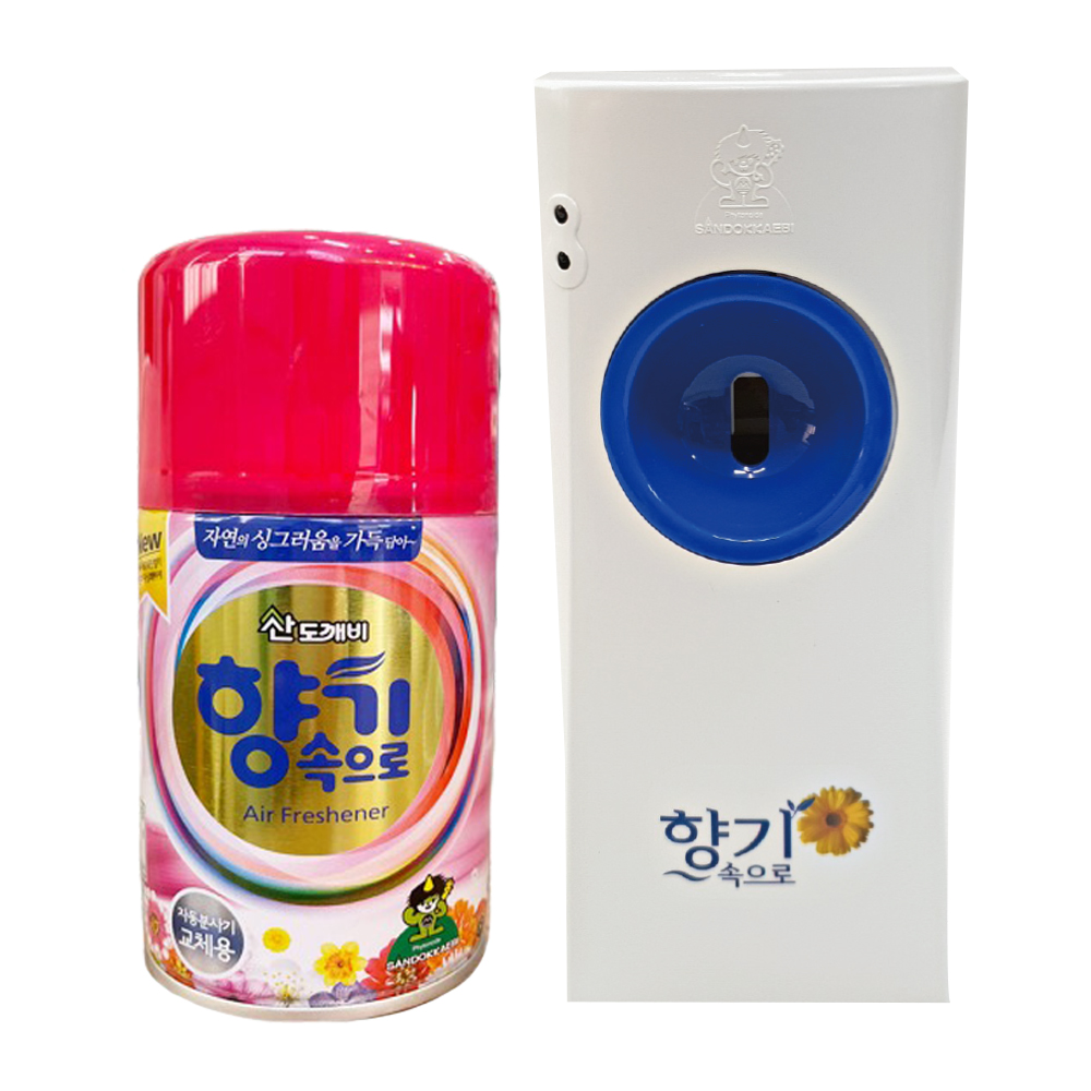 산도깨비 향기속으로 자동분사기 1개 + 리필 1개 세트 자동분사 기계 분사형 실내 방향제 방향캔 - 상품 이미지