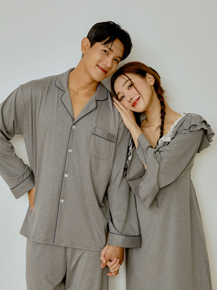커플 카치온 긴팔 스판 카라 슬리브리스 민소매 브라캡 내장 맥시 롱 잠옷 홈웨어 SET 이미지 3