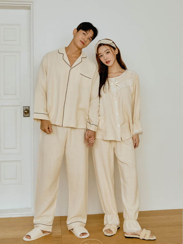커플 롬브로 3중 거즈면 카라 라운드 투웨이 원피스 파자마 세트 이미지 2