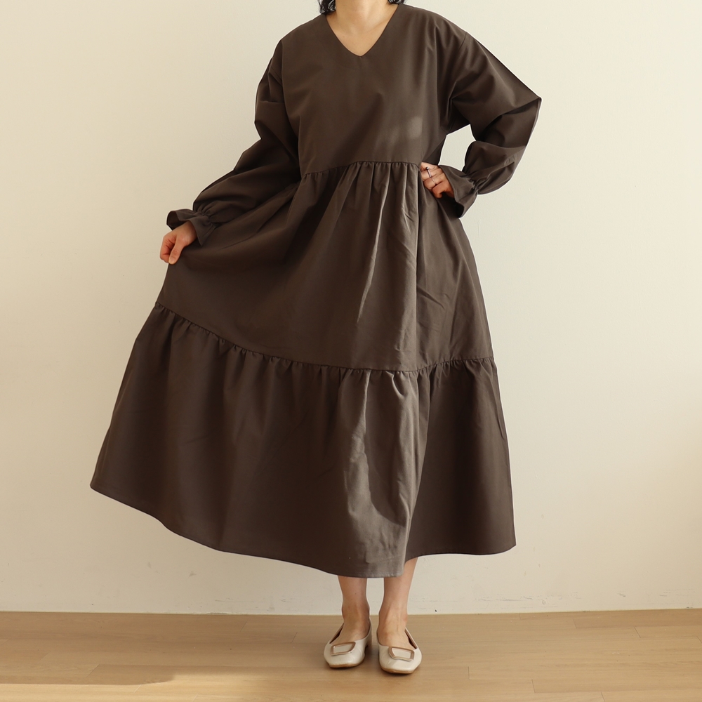 빅사이즈 자체제작 A라인 2단 캉캉 V넥 롱 원피스 긴팔 셔링소매 프릴 하객 정장 오피스