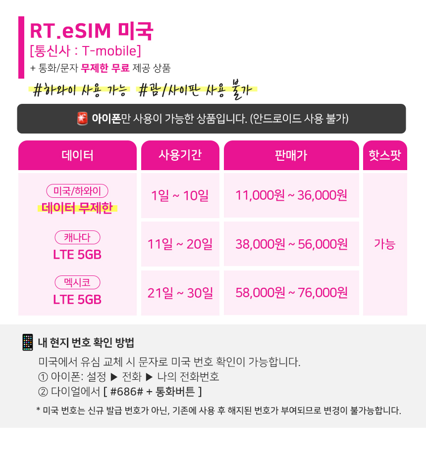 미국이심 esim 하와이 캐나다 티모바일 5G 통화 데이터무제한 4일e심 멕시코 로밍전화 - 상세 이미지 3