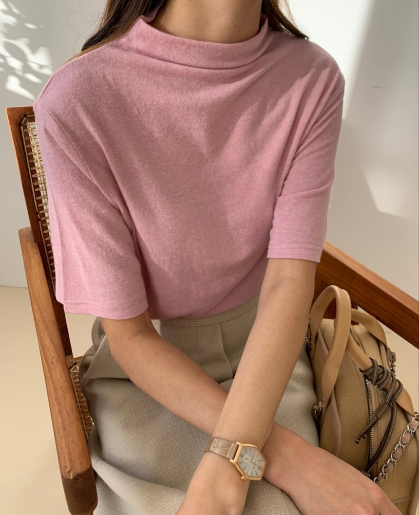 루이사 봄 가을 여성 하이넥 심플 기본티 레이어드 폴라 반팔 티셔츠(4color) 이미지 2