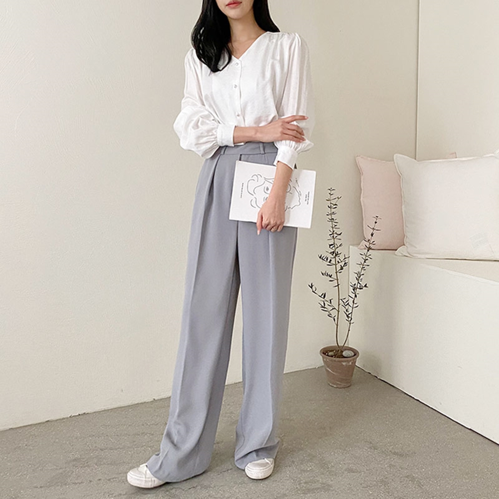 버튼 핀턱 하이웨스트 롱 일자 와이드 슬랙스 팬츠 이미지 6