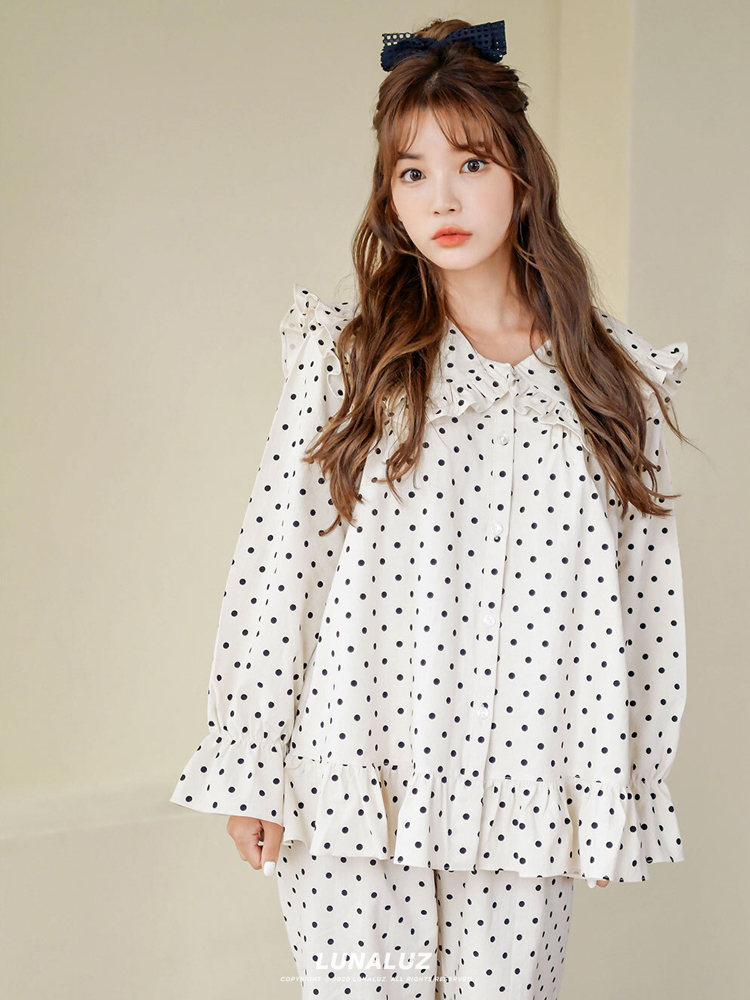 커플 도트 라온 코튼 크리즈 카라 프릴 파자마 세트 - 상세 이미지 5
