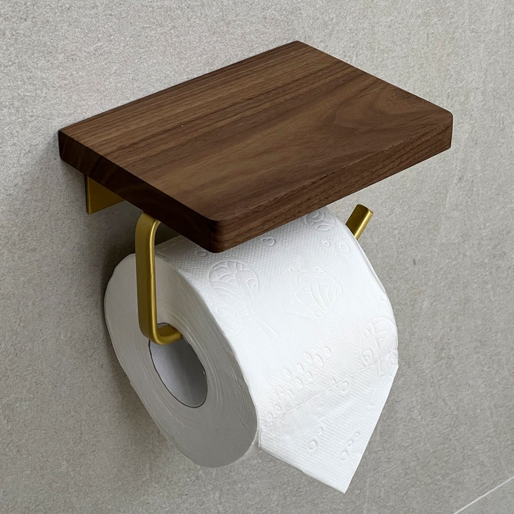 무타공 원목 휴지걸이 욕실 화장실 업소용 우드 선반형 접착식 타공 걸이대 평면형 16cm