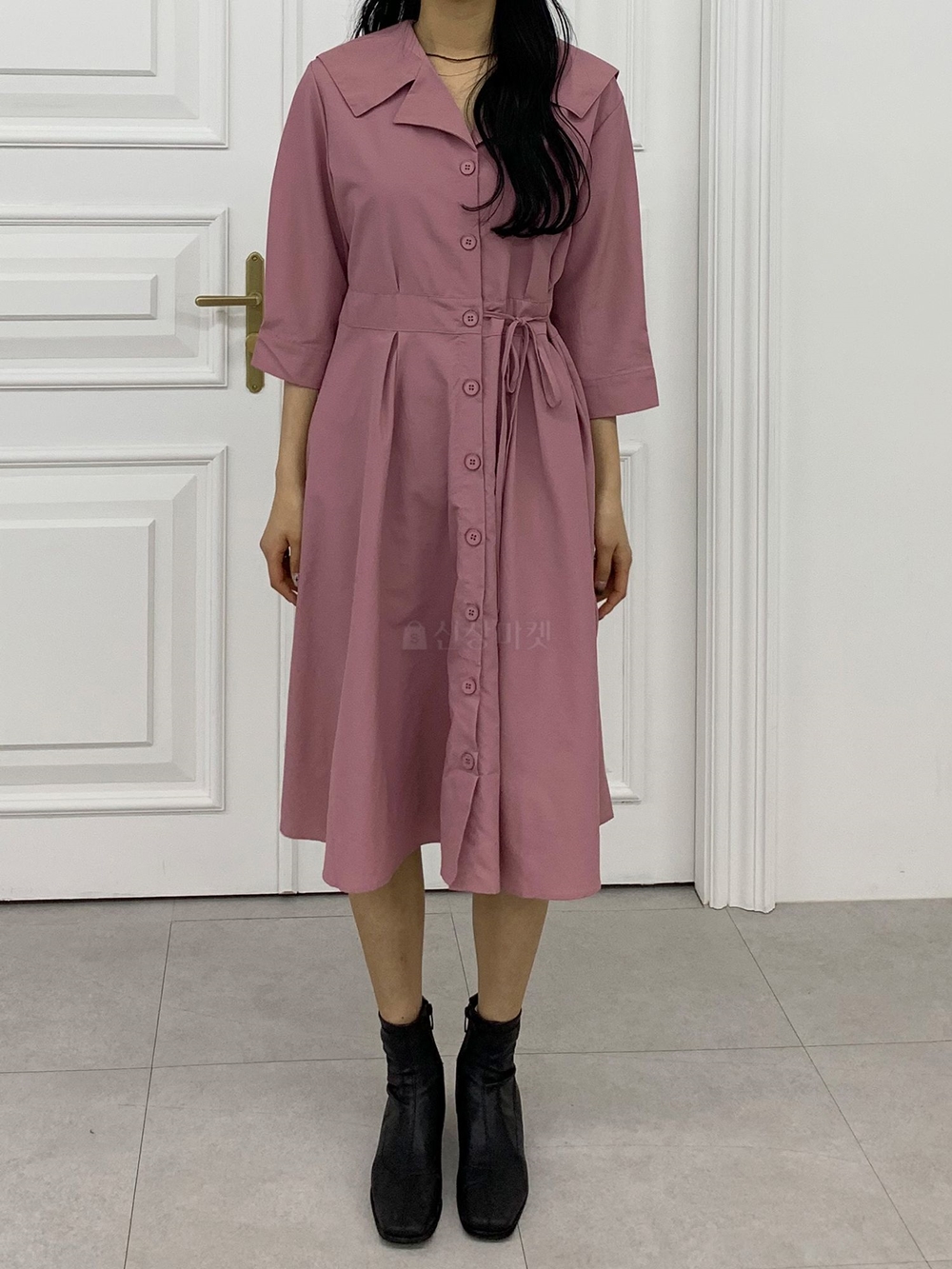 세일러 세라 카라 오픈형 셔츠 허리끈 7부 A라인 롱 원피스 이미지 2