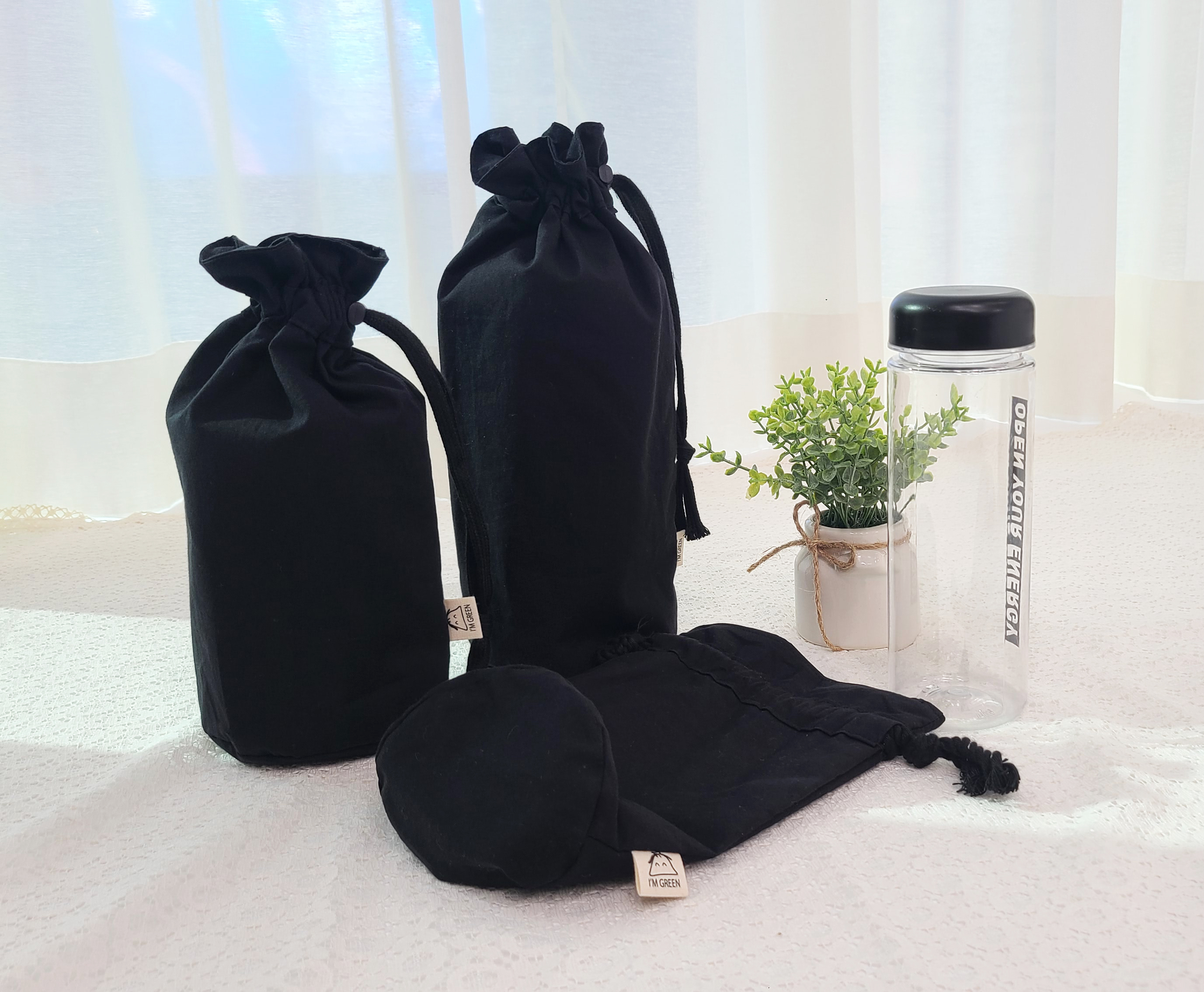 고급수제 블랙 원통파우치 면더스트백 복조리파우치 스트링주머니 조리개파우치 - 상세 이미지 3