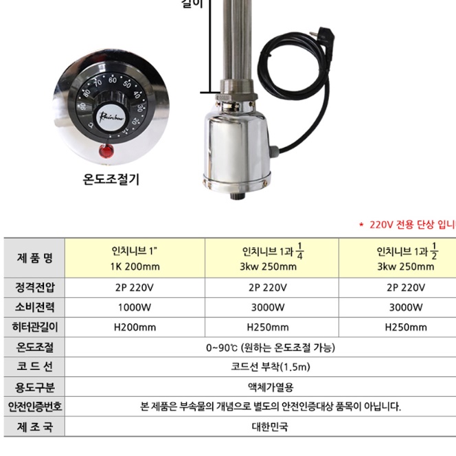 온도조절 물탱크히터 1¼인치 250mm 42파이 220V 3K - 상세 이미지 2