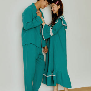 커플 스카이민트 카라 라운드 투피스, 원피스 잠옷 파자마 세트 착용 후기 | 사이즈/핏 총정리 - 상품 이미지 4