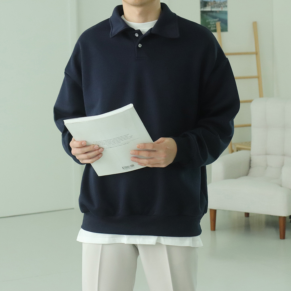 남자맨투맨 오버핏 헨리넥 카라티 남자기모맨투맨 이미지 3