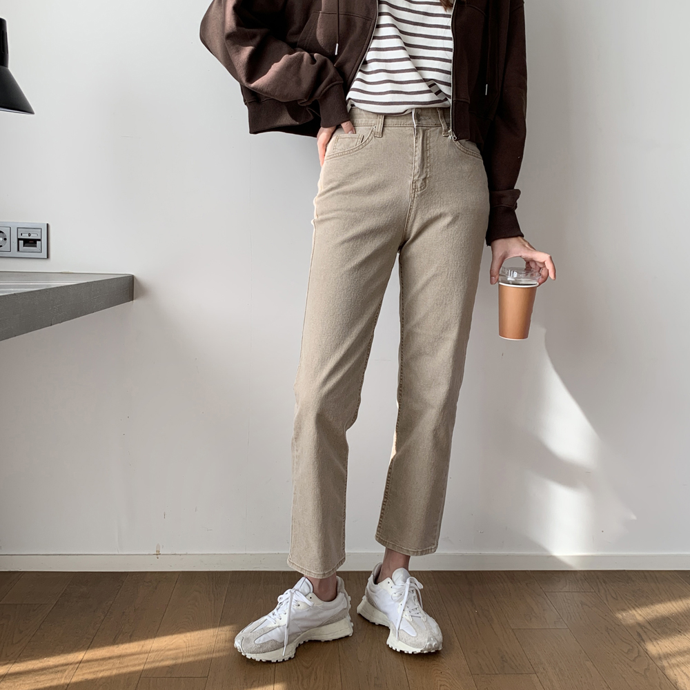 하이웨스트 빈티지 워싱 일자팬츠 여성 밴딩바지 스판 여자 면팬츠 가을 베이지 핑크 블랙 - 상품 이미지