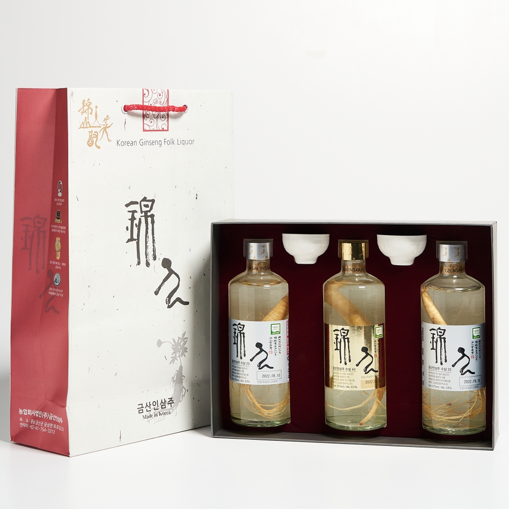 금산인삼주 한뿌리세트 1호 23도 375ml 2병, 43도 1병 (잔,케이스,쇼핑백) - 상세 이미지 3