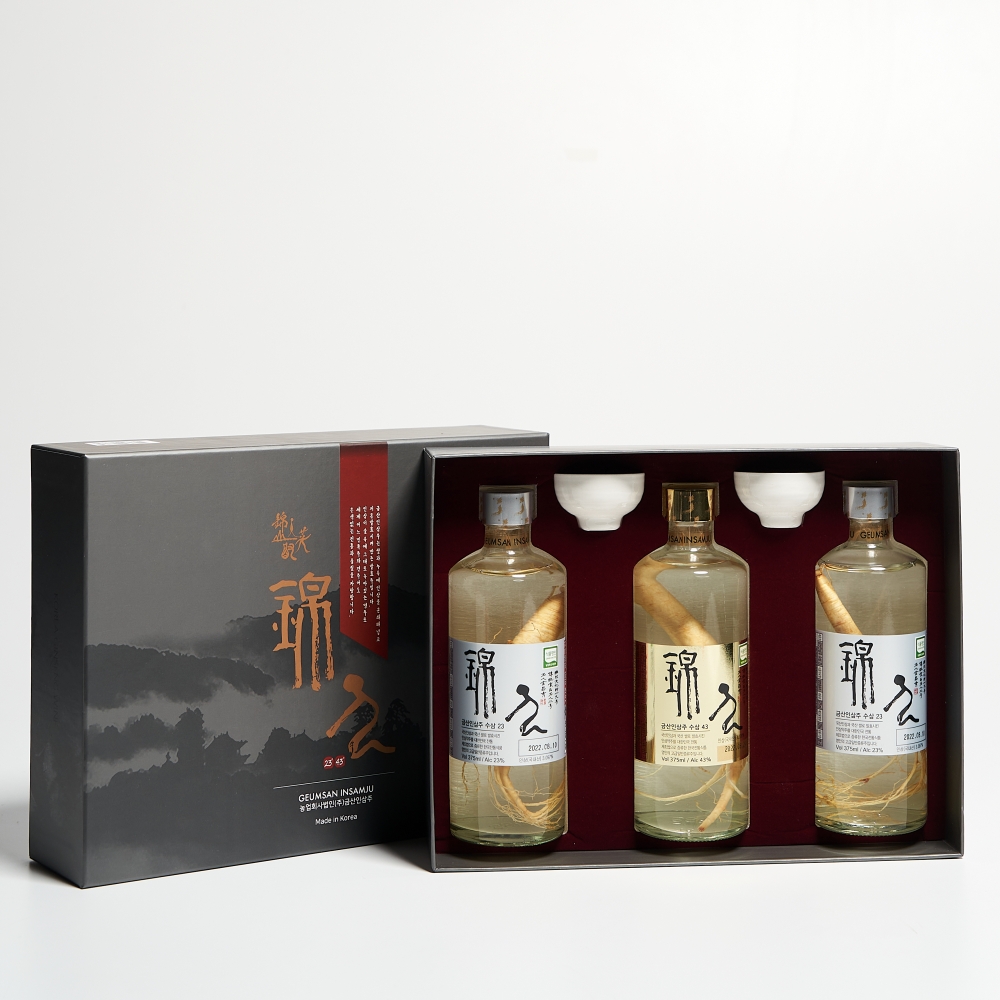 금산인삼주 한뿌리세트 1호 23도 375ml 2병, 43도 1병 (잔,케이스,쇼핑백) - 상세 이미지 2