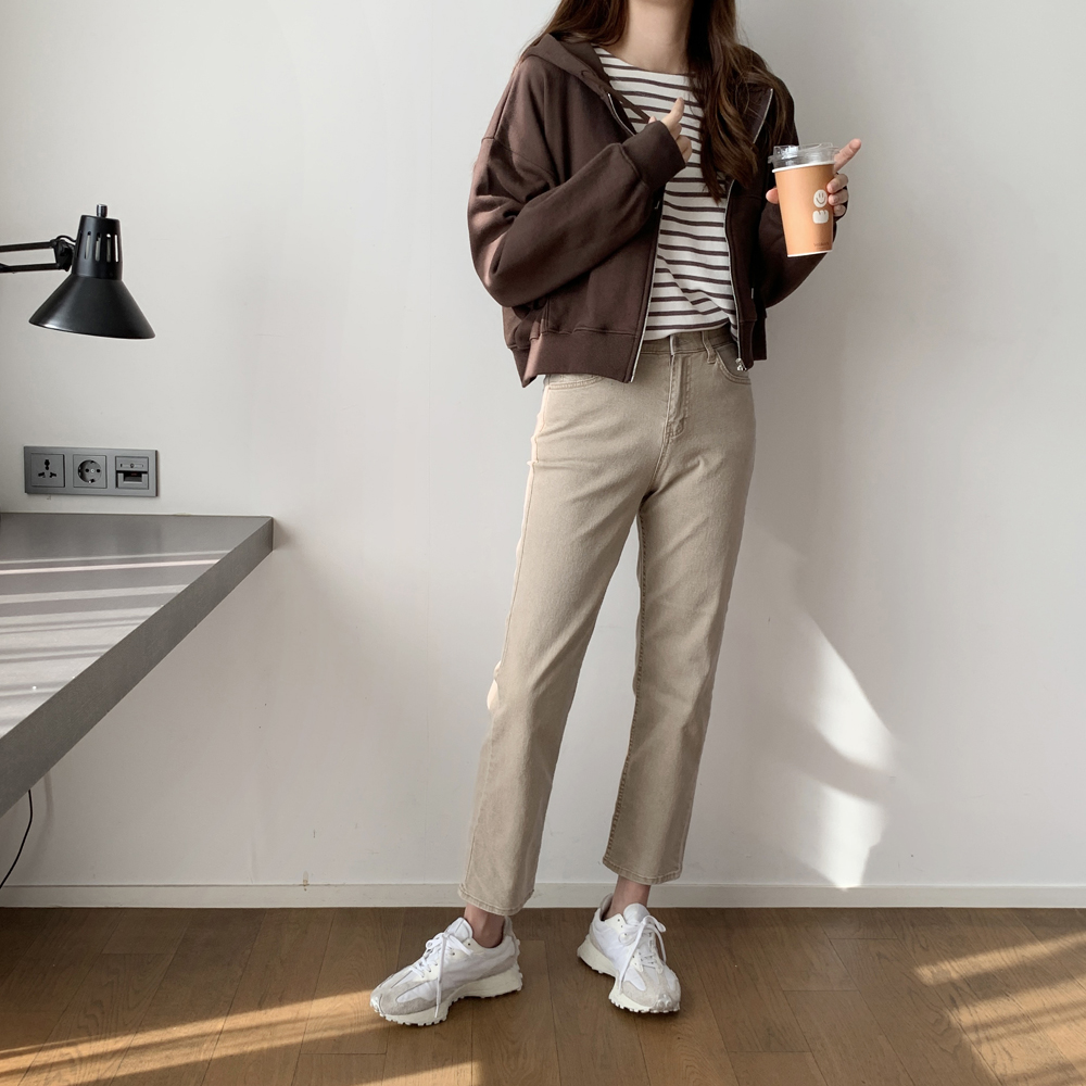 하이웨스트 빈티지 워싱 일자팬츠 여성 밴딩바지 스판 여자 면팬츠 가을 베이지 핑크 블랙 - 상세 이미지 2