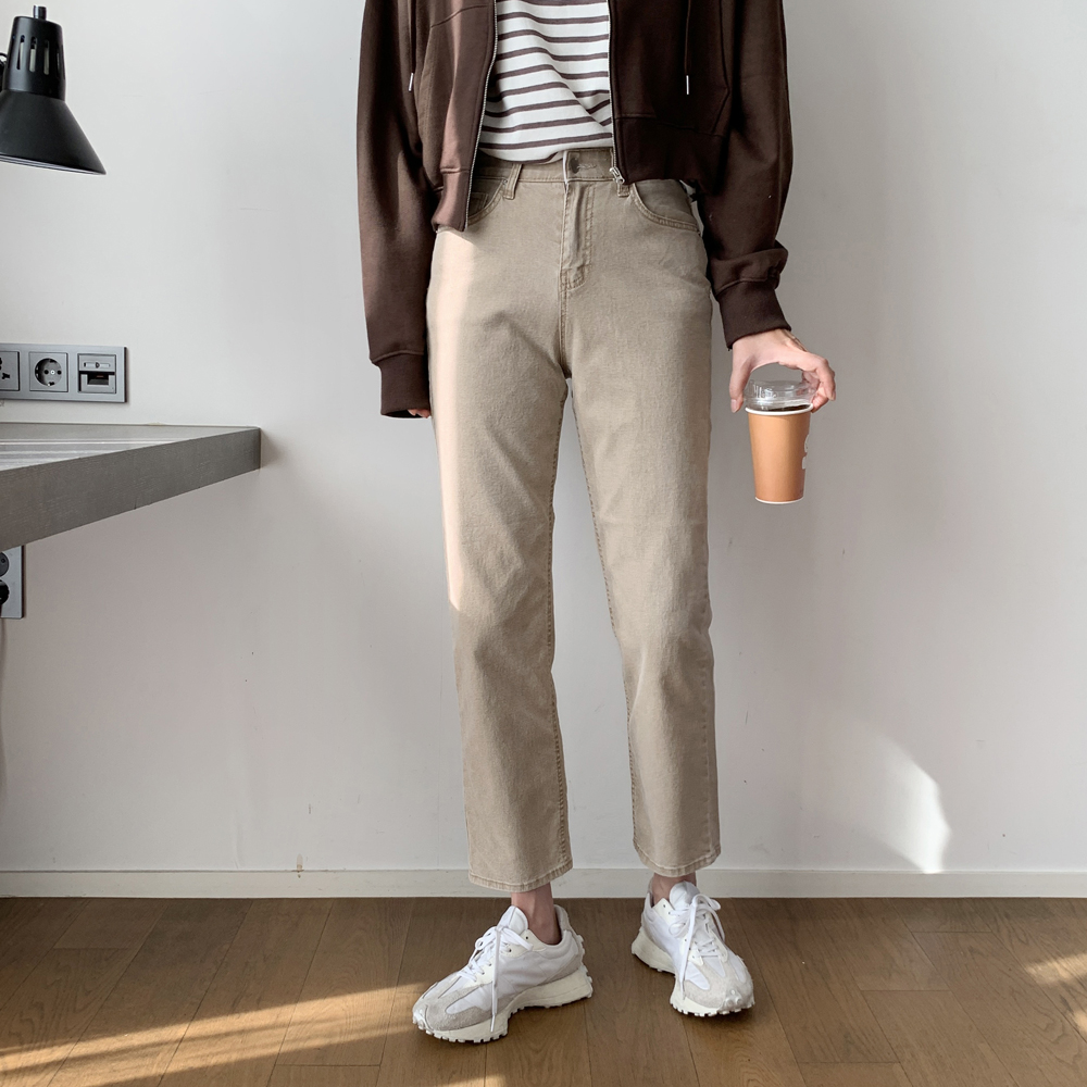 하이웨스트 빈티지 워싱 일자팬츠 여성 밴딩바지 스판 여자 면팬츠 가을 베이지 핑크 블랙 - 상세 이미지 3