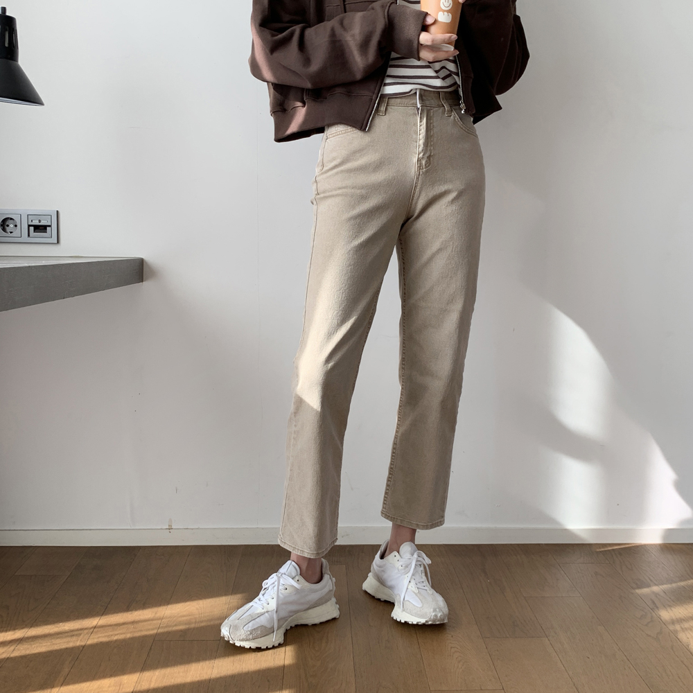 하이웨스트 빈티지 워싱 일자팬츠 여성 밴딩바지 스판 여자 면팬츠 가을 베이지 핑크 블랙 - 상세 이미지 4