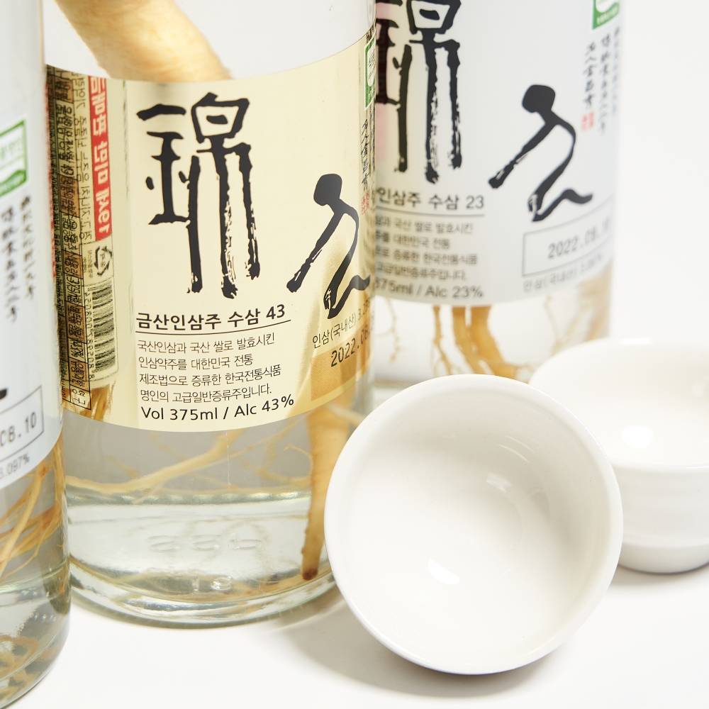 금산인삼주 한뿌리세트 1호 23도 375ml 2병, 43도 1병 (잔,케이스,쇼핑백) 이미지 6