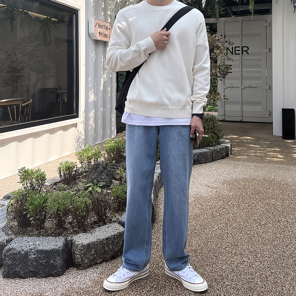 남자 와이드 청바지 허리 밴딩 워싱 면바지 - 상세 이미지 2