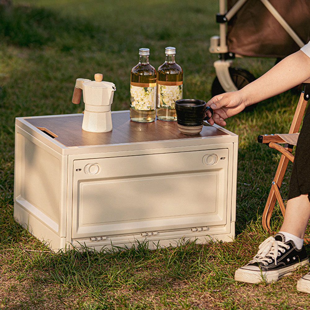 오픈도어 캠핑 폴딩박스 바퀴형 캠핑 수납 테이블 우드 상판 카고박스