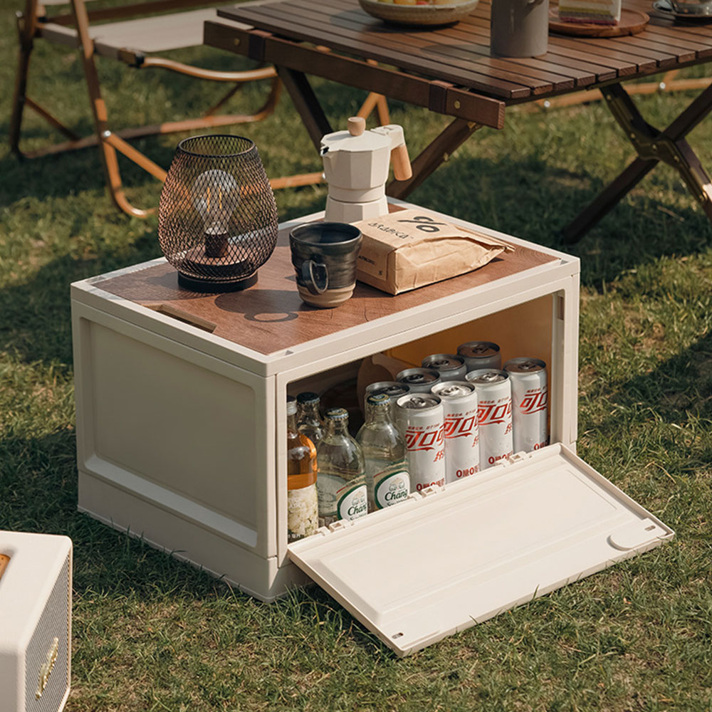 오픈도어 캠핑 폴딩박스 바퀴형 캠핑 수납 테이블 우드 상판 카고박스