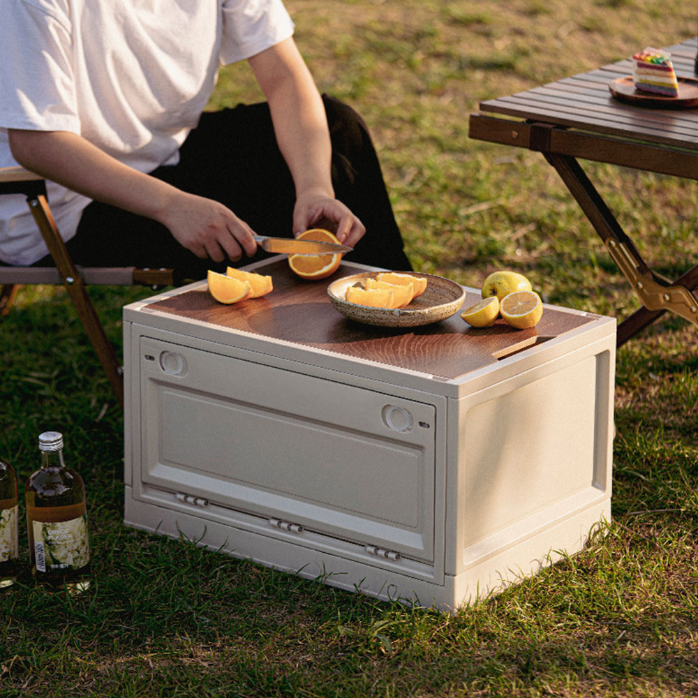 오픈도어 캠핑 폴딩박스 바퀴형 캠핑 수납 테이블 우드 상판 카고박스