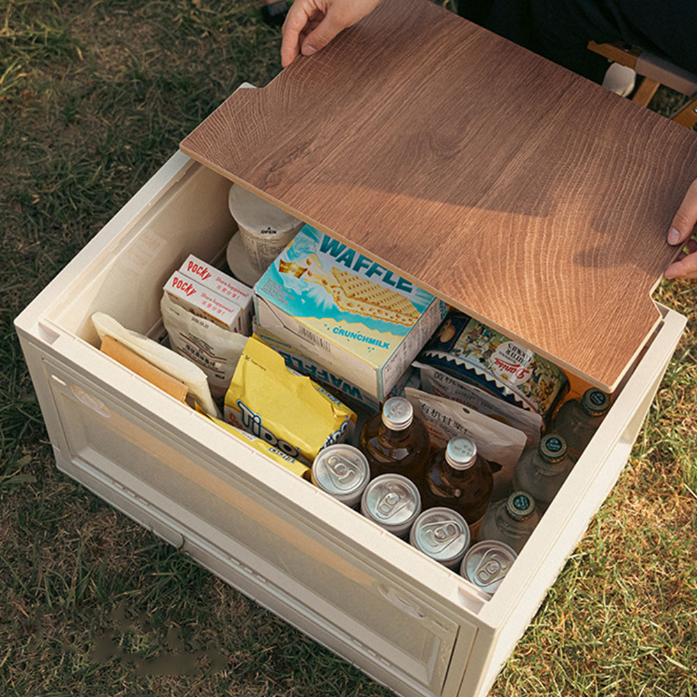 오픈도어 캠핑 폴딩박스 바퀴형 캠핑 수납 테이블 우드 상판 카고박스