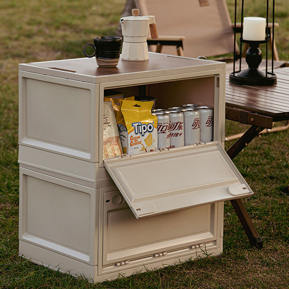 오픈도어 캠핑 폴딩박스 바퀴형 캠핑 수납 테이블 우드 상판 카고박스