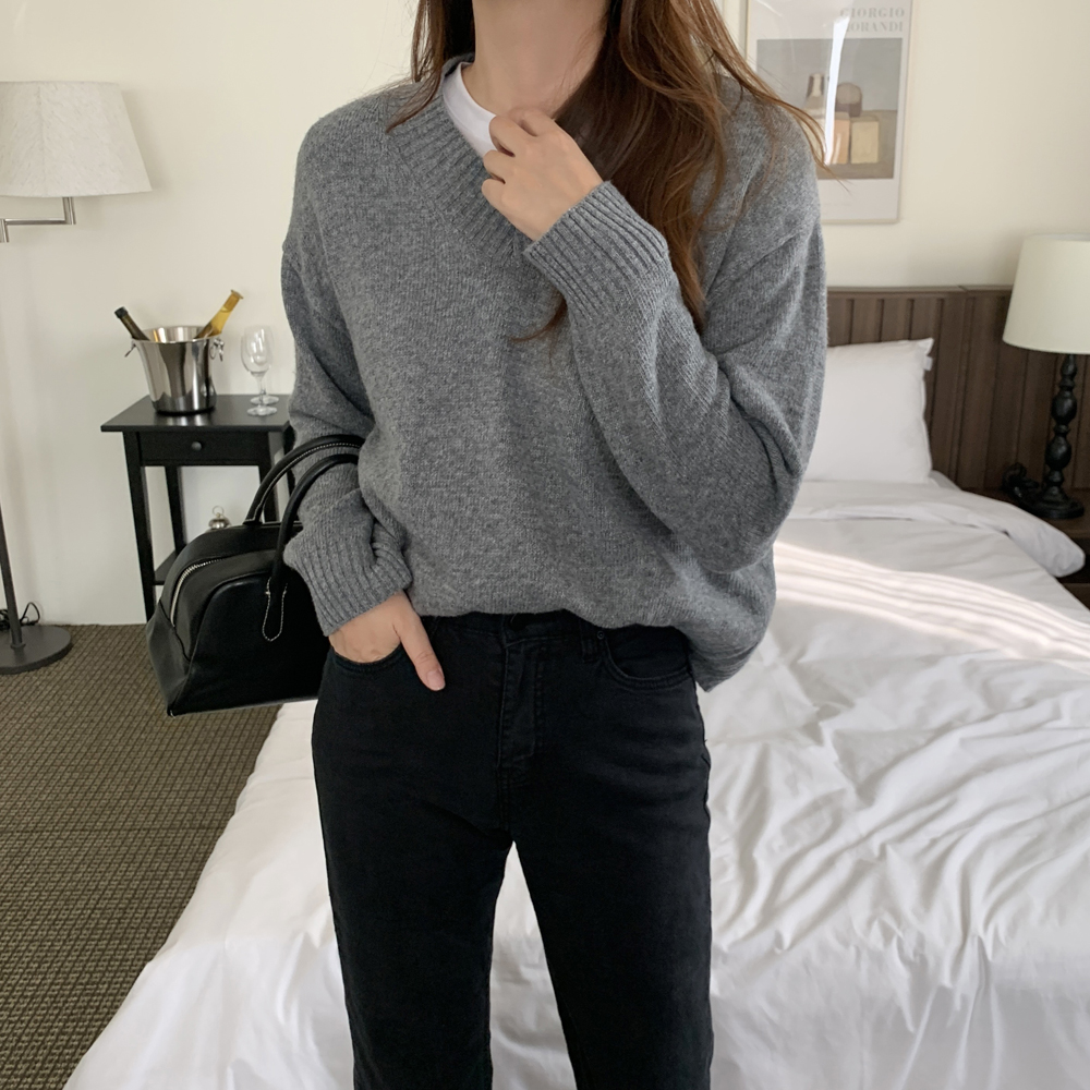 부드러운 캐시미어 라이크 울니트 레이어드 브이넥 니트 가을 여성 니트티 그레이 베이지