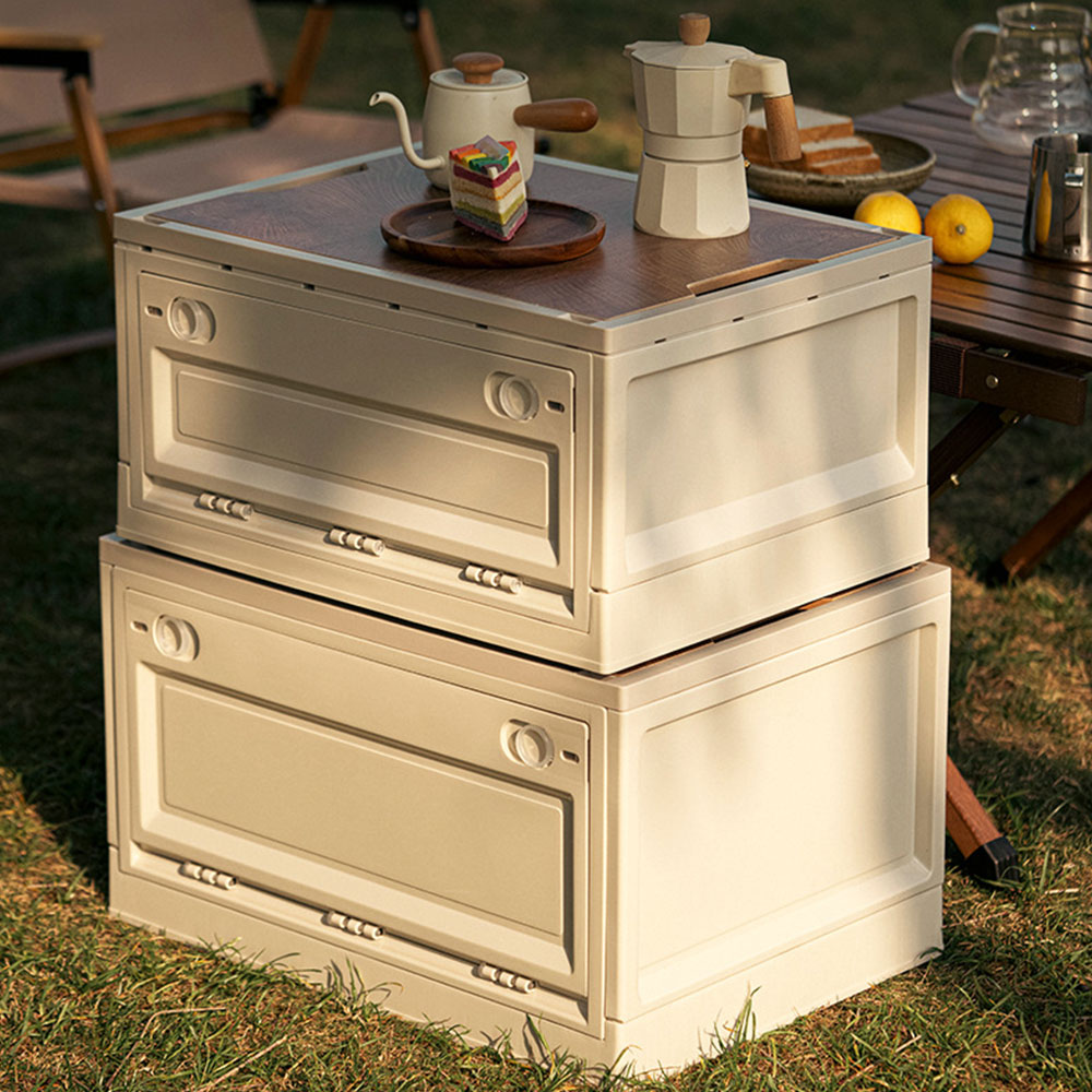 오픈도어 캠핑 폴딩박스 바퀴형 캠핑 수납 테이블 우드 상판 카고박스