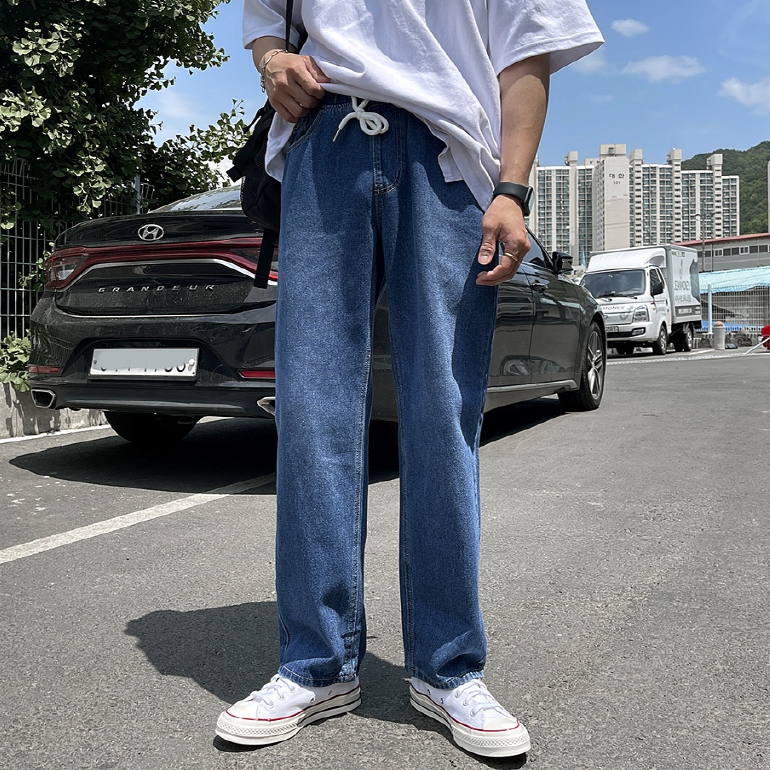 남자 와이드 청바지 허리 밴딩 워싱 면바지 이미지 6