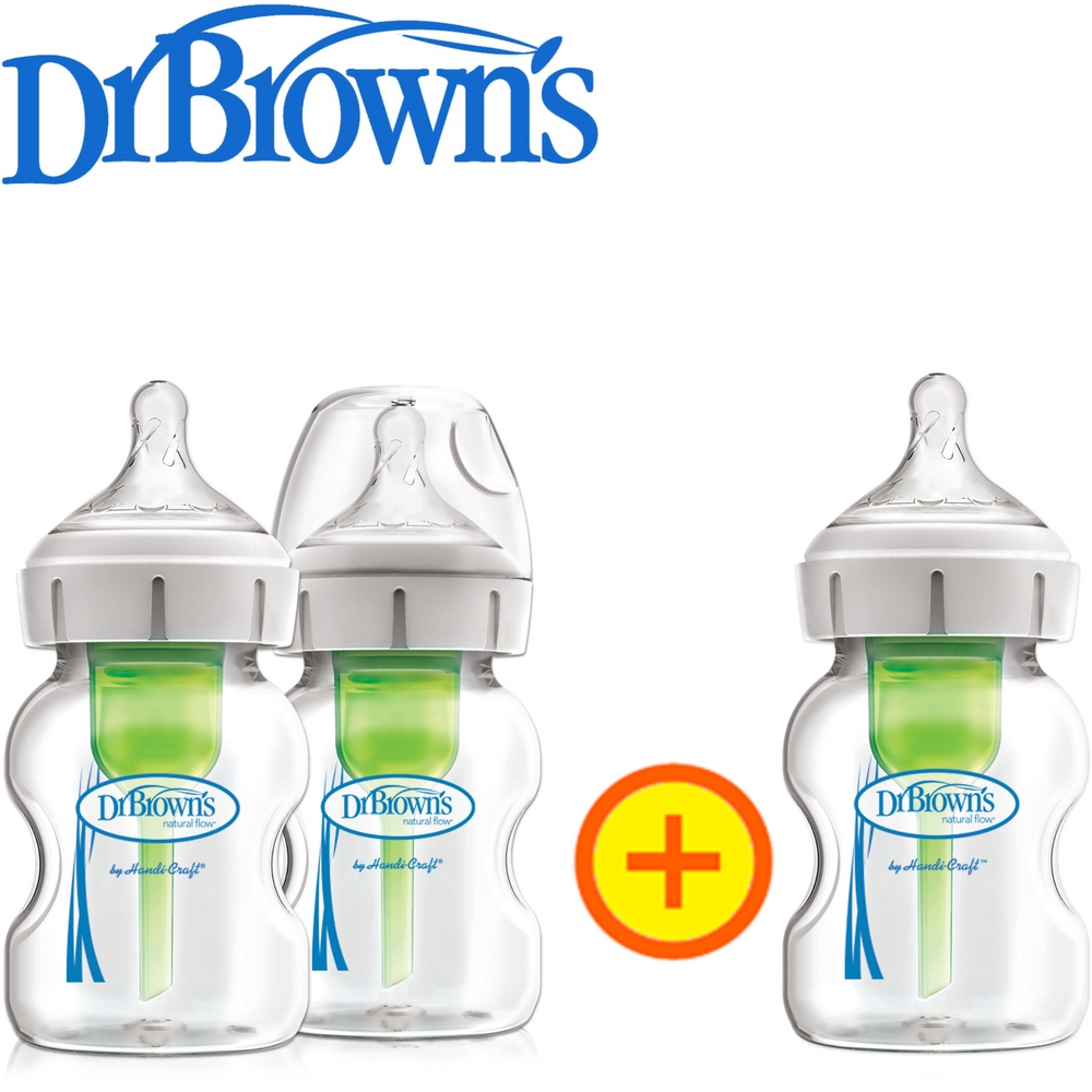 닥터브라운 젖병 유리 베이직 150ml 2+1 (1단계 꼭지포함, 와이드넥 옵션스+) - 상품 이미지