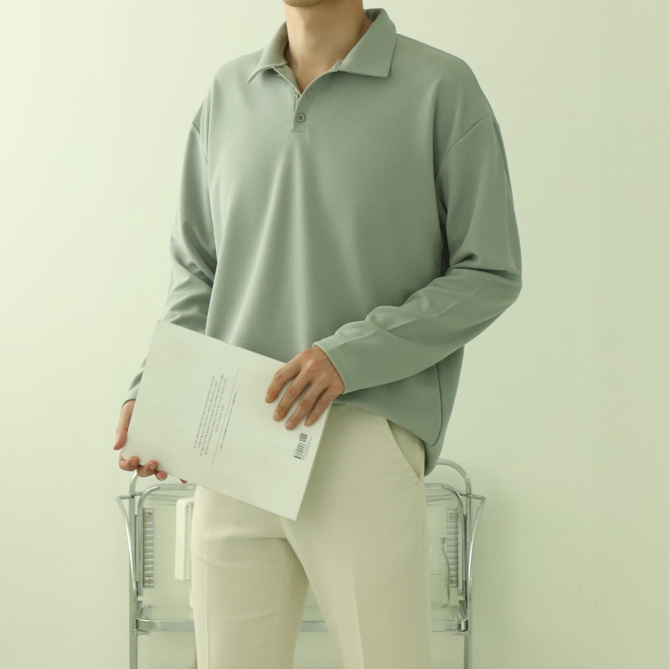 남자카라티 구김없는 오버핏 헨리넥 남자긴팔티셔츠 이미지 3