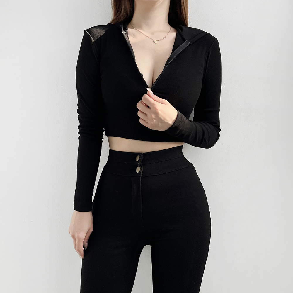 무지 빌리 쫀쫀 슬림핏 후드 반집업 크롭티셔츠 3color 이미지