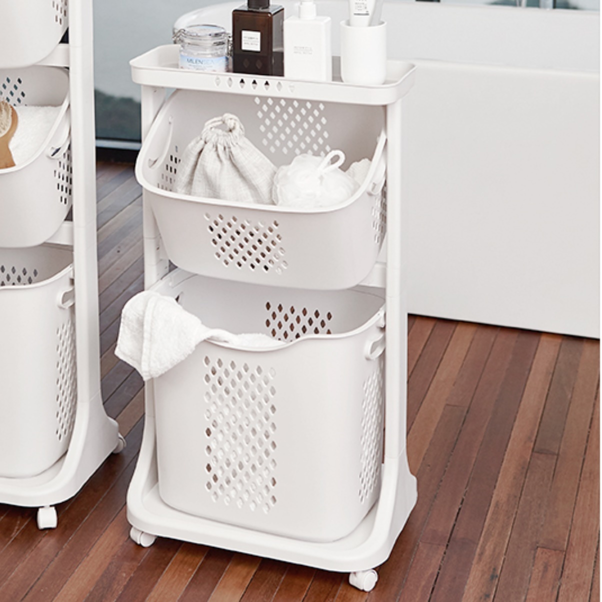 대형 바퀴달린 바구니 플라스틱 빨래 바구니 세탁물 보관함 2단