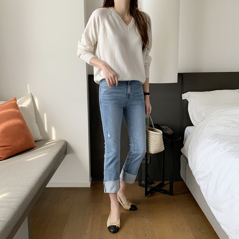 슬림핏 롤업 밴딩 청바지 봄 여자 청바지 9부 진청 데님 진청바지 여성 일자 청바지 - 상세 이미지 2
