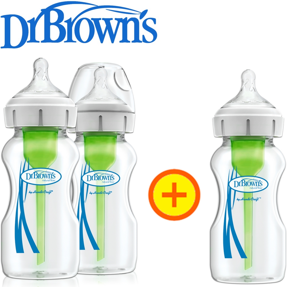 닥터브라운 젖병 유리 베이직 270ml 2+1 (1단계 꼭지포함, 와이드넥 옵션스+) - 상품 이미지