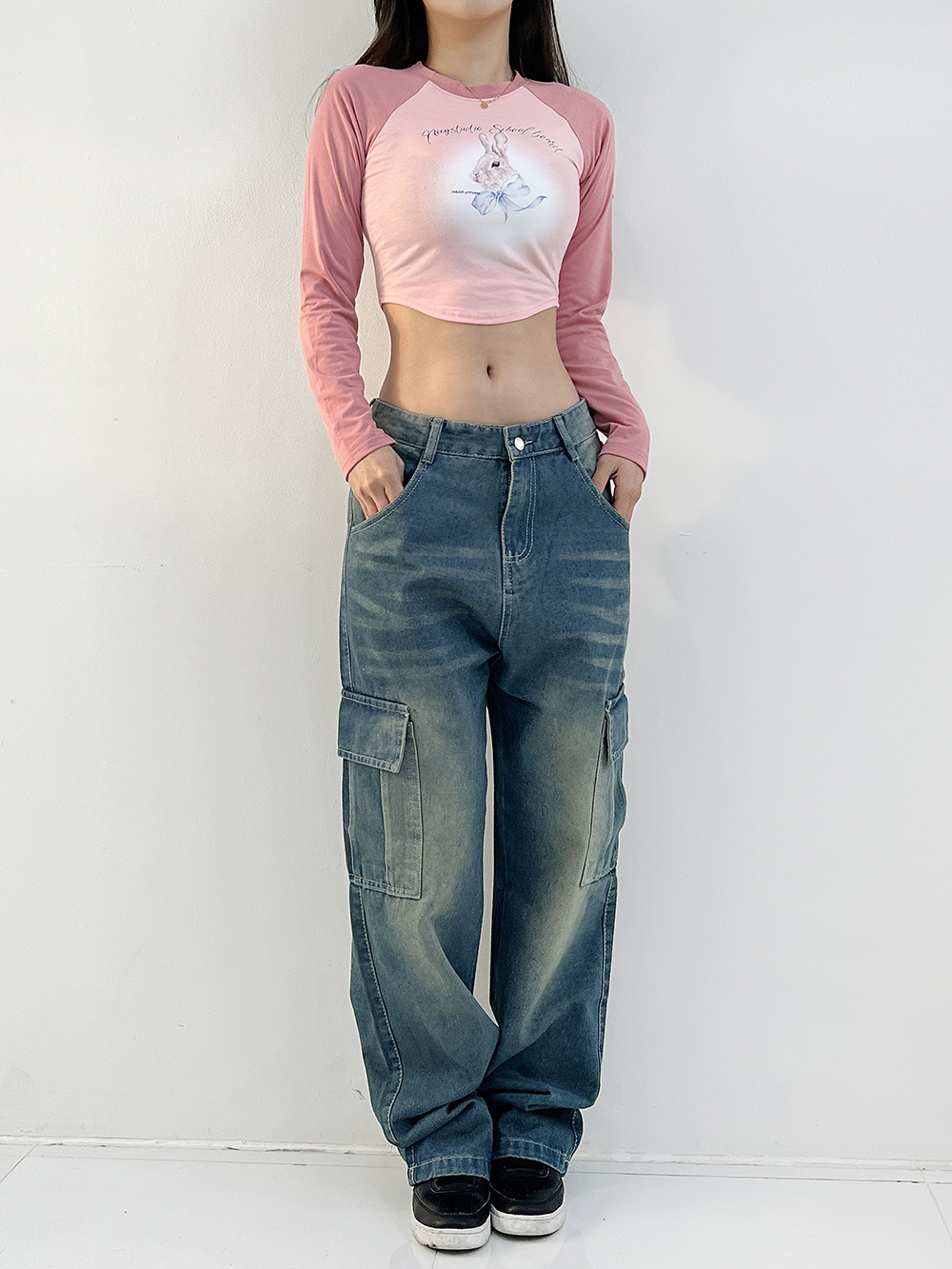하입 나그랑 레글런 토끼 프린팅 키치 크롭티셔츠 (핑크/블랙) 이미지 3