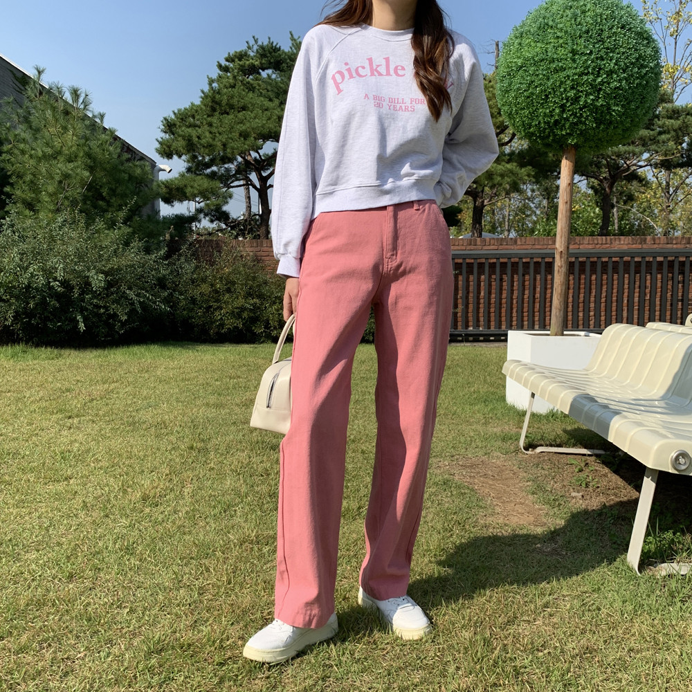 하이웨스트 일자 팬츠 세미 여성 와이드팬츠 여자 면바지 통바지 봄 핑크바지 - 상품 이미지