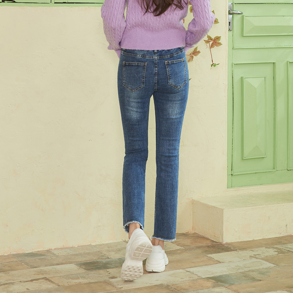 진마니아 허리밴딩 밑단수술 블루 스판 부츠컷진 여성 청바지 데님 팬츠 - 상세 이미지 3