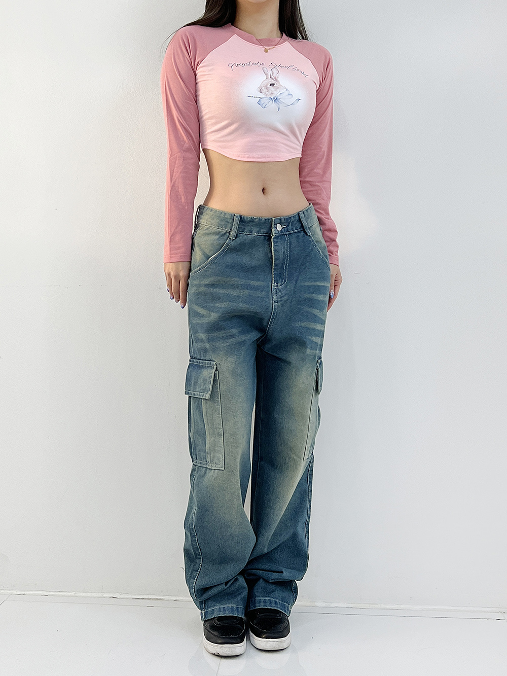 하입 나그랑 레글런 토끼 프린팅 키치 크롭티셔츠 (핑크/블랙) 이미지 2
