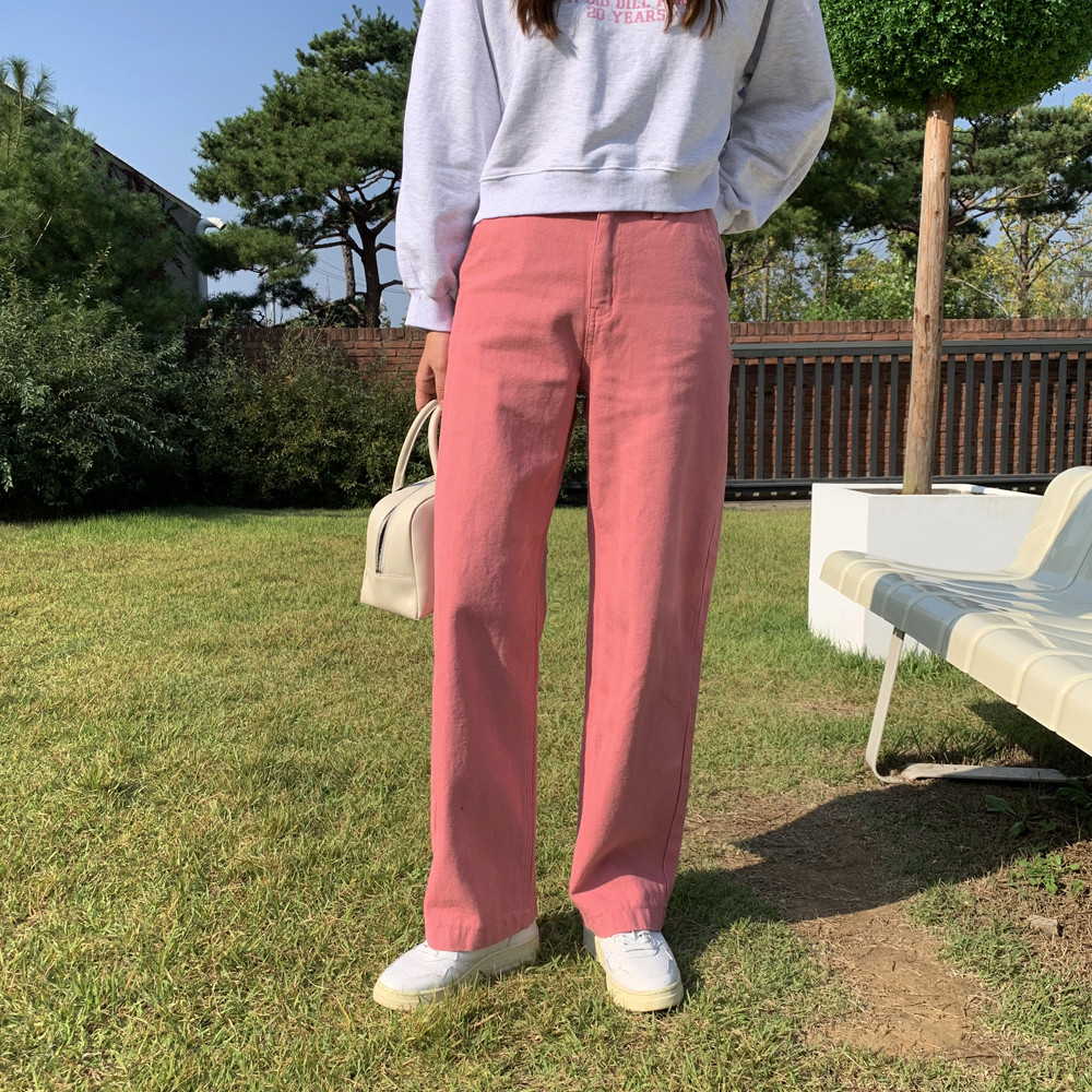 하이웨스트 일자 팬츠 세미 여성 와이드팬츠 여자 면바지 통바지 봄 핑크바지 - 상세 이미지 3