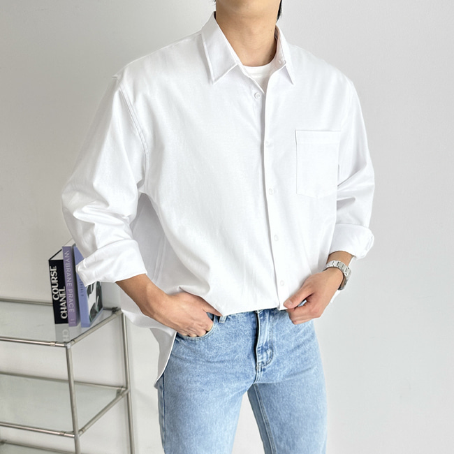 남자 와카 오버핏 봄 가을 무지 옥스퍼드 셔츠 남방 - 상세 이미지 4