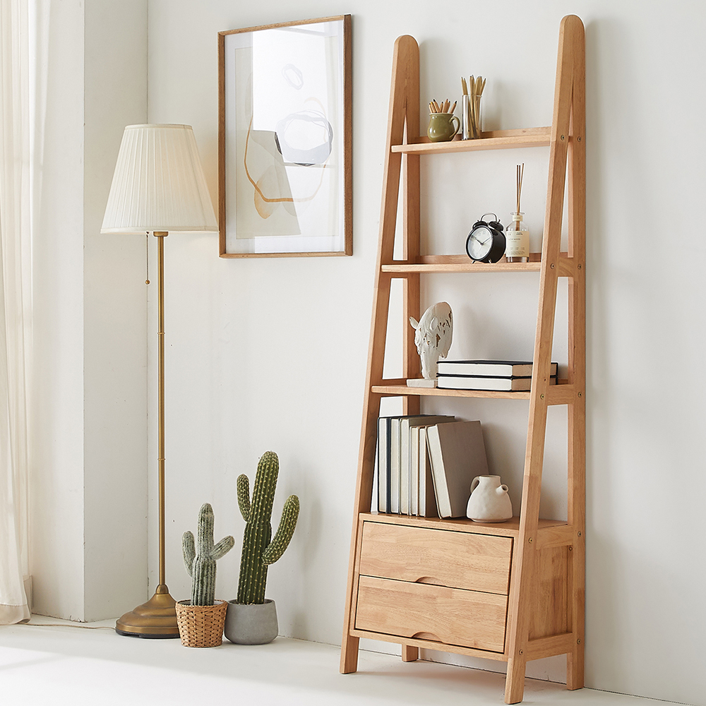 오브유 고무나무 원목 거실 책꽂이 전면 높은 서랍 4단 A 책장 600