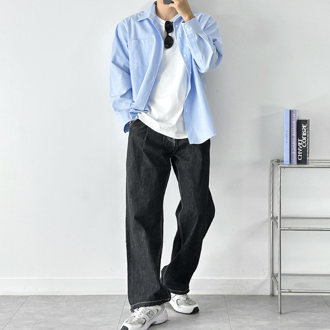 남자 와카 오버핏 봄 가을 무지 옥스퍼드 셔츠 남방 - 상세 이미지 5