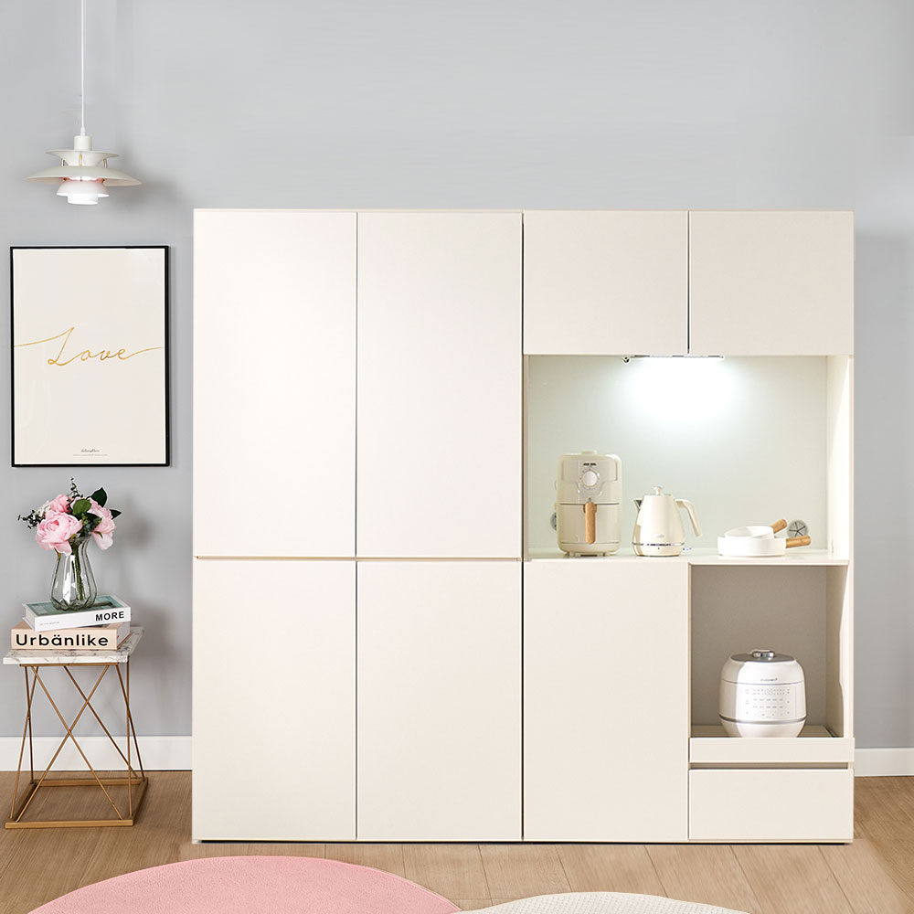 크림 빌트인 냉장고장 오픈 도어장 부엌 홈카페장 키큰 수납장 주방 그릇 장식장