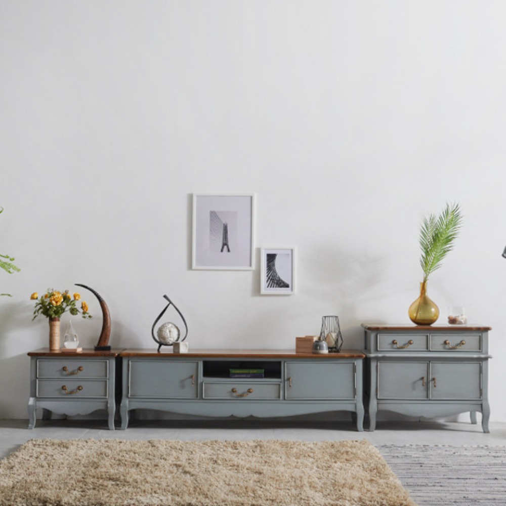 까사홈 엔젤그레이 엔틱 원목 거실장+협탁+수납장 세트