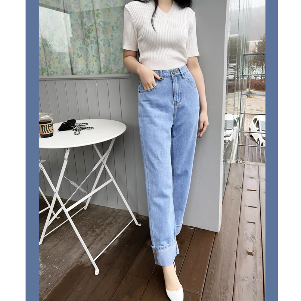 여자연청바지 진청 데님 진 통 세미 와이드 롤업 바지 이미지
